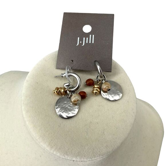 J. Jill Mixed Metal Beaded Stud Earrings Hammered Disc Neutral Wood Earthy Boho - Picture 4 of 6